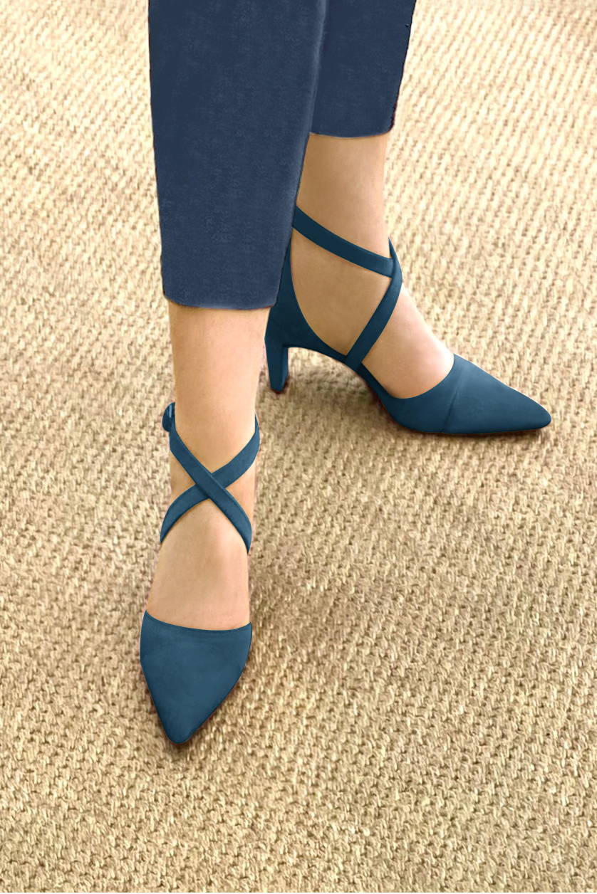Peacock blue women's open side shoes, with crossed straps. Tapered toe. Medium comma heels. Worn view - Florence KOOIJMAN